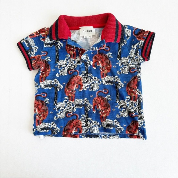 Gucci Other - Gucci Polo Tiger Print Top Shirt Baby Boy 12/18 months Blue Orange